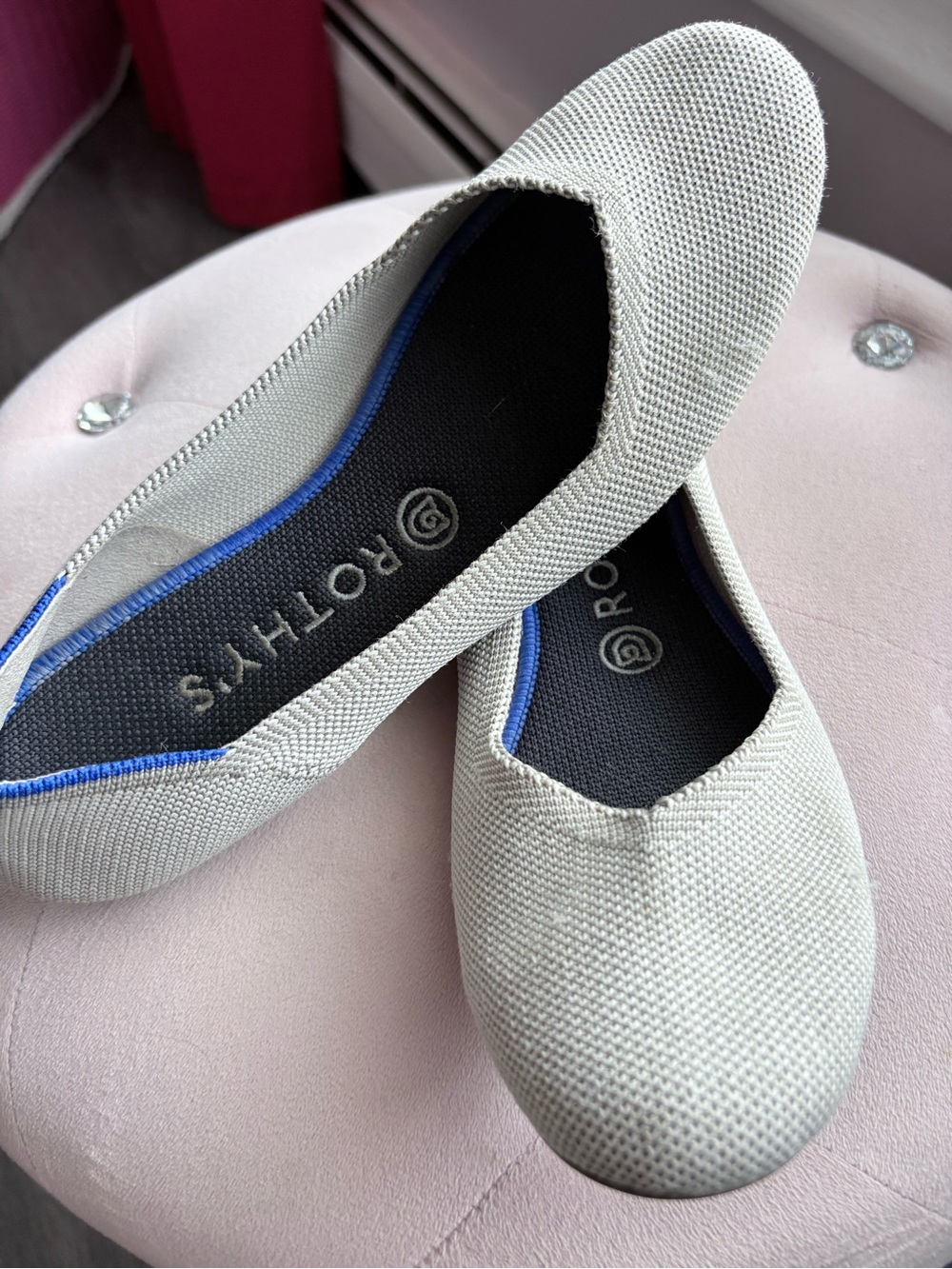 Rothy's Women's Light Gray Knit Ballet Flats with Blue Trim